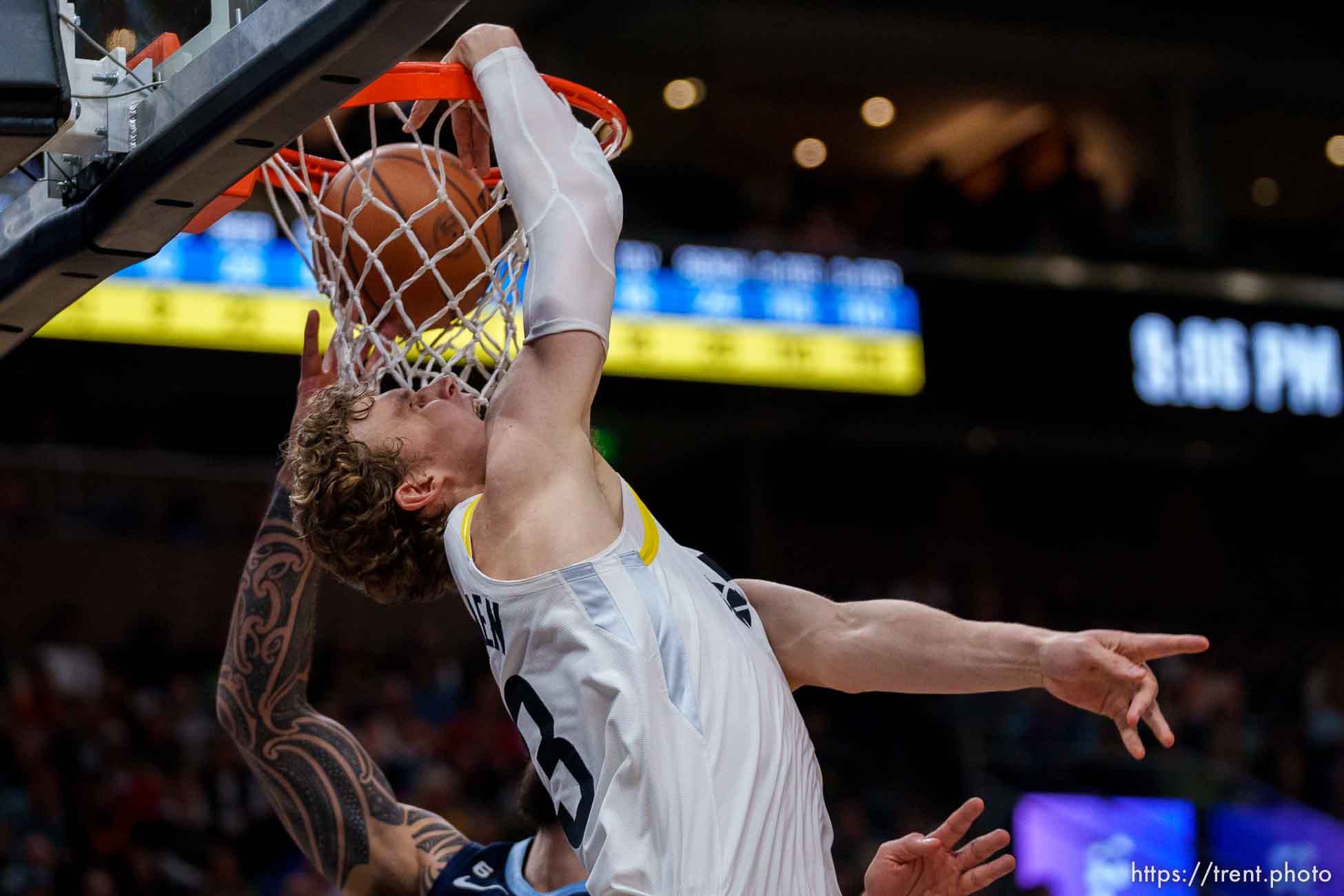 (Trent Nelson  |  The Salt Lake Tribune) Utah Jazz forward Lauri Markkanen (23) dunks the ball as the Utah Jazz host the Memphis Grizzlies, NBA basketball in Salt Lake City on Saturday, Oct. 29, 2022.