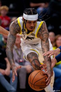 (Trent Nelson  |  The Salt Lake Tribune) Utah Jazz guard Jordan Clarkson (00) as the Utah Jazz host the Memphis Grizzlies, NBA basketball in Salt Lake City on Saturday, Oct. 29, 2022.