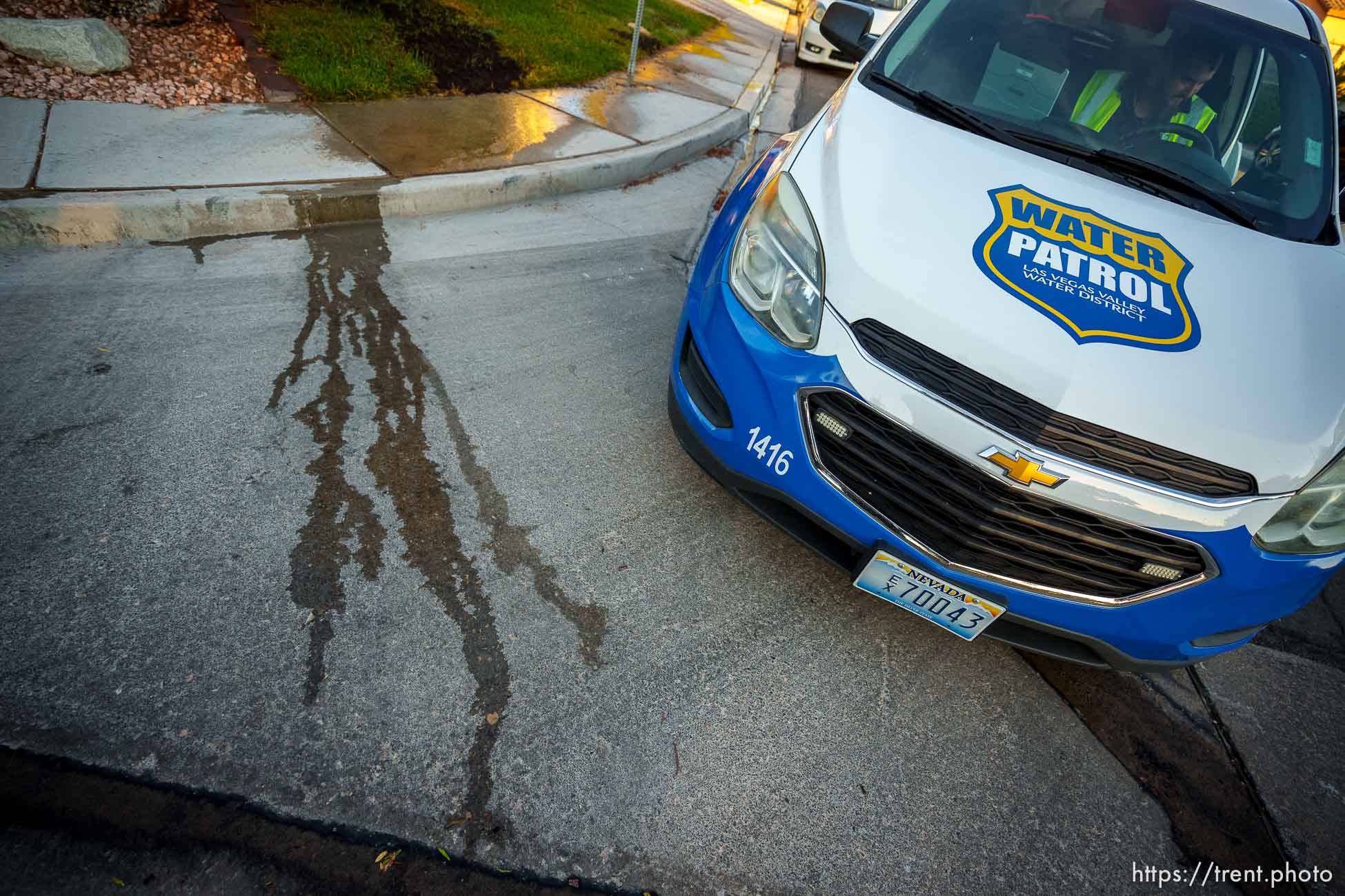 (Trent Nelson  |  The Salt Lake Tribune) Salvador Polanco-Gamez, a conservation aide with the Las Vegas Valley Water District, patrols in Summerlin, a community in the Las Vegas Valley, Nevada on Thursday, Sept. 29, 2022. When runoff water from a home's sprinklers reaches the street, Polanco-Gamez stops to document the situation and notify the homeowner.