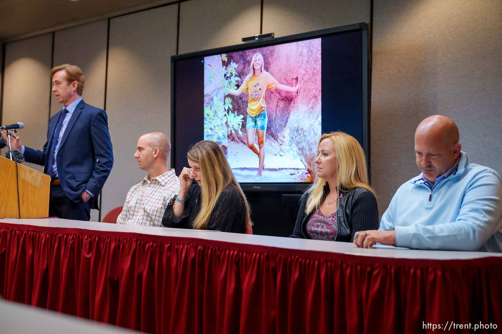 (Trent Nelson  |  The Salt Lake Tribune) The parents of Gabby Petito discussed their lawsuit against the Moab Police Department at a news conference in Salt Lake City on Thursday, Nov. 3, 2022. From left, attorney Brian Stewart, Jim and Nichole Schmidt and Tara and Joe Petito.