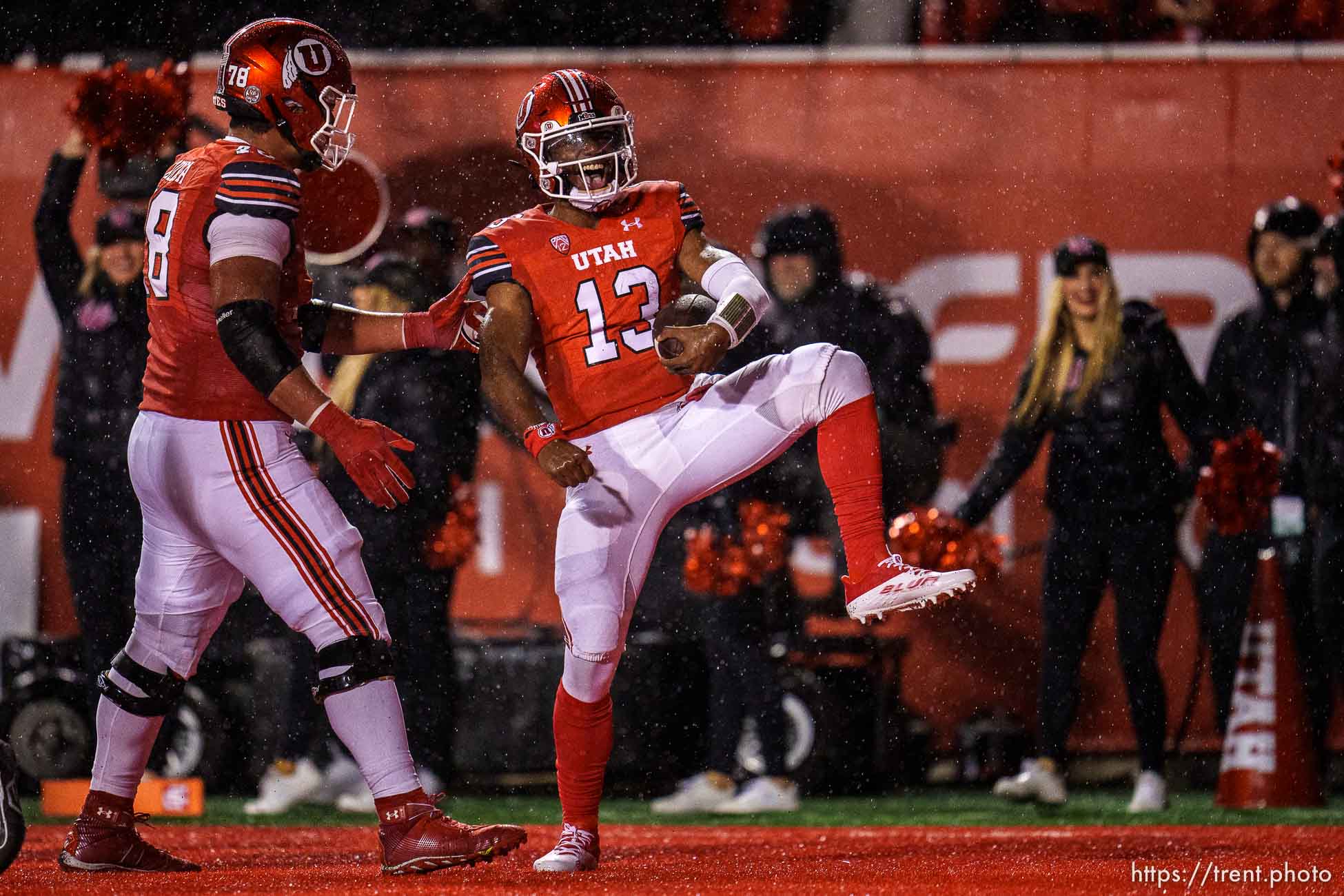 (Trent Nelson  |  The Salt Lake Tribune) Utah Utes quarterback Nate Johnson (13) celebrates a touchdown as the University of Utah hosts Arizona, NCAA football in Salt Lake City on Saturday, Nov. 5, 2022.