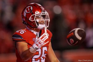 (Trent Nelson  |  The Salt Lake Tribune) Utah Utes running back Charlie Vincent (26) celebrates a touchdown as the University of Utah hosts Arizona, NCAA football in Salt Lake City on Saturday, Nov. 5, 2022.