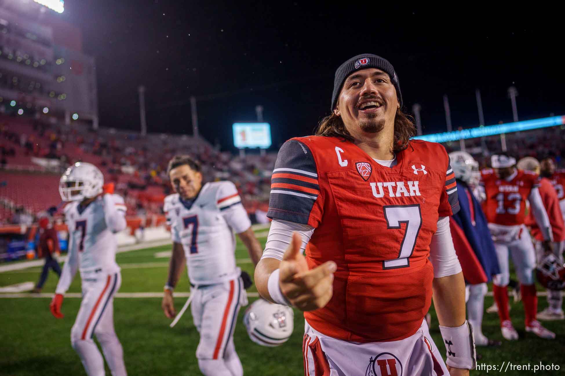 (Trent Nelson  |  The Salt Lake Tribune) Utah Utes quarterback Cameron Rising (7) after the win as the University of Utah hosts Arizona, NCAA football in Salt Lake City on Saturday, Nov. 5, 2022.