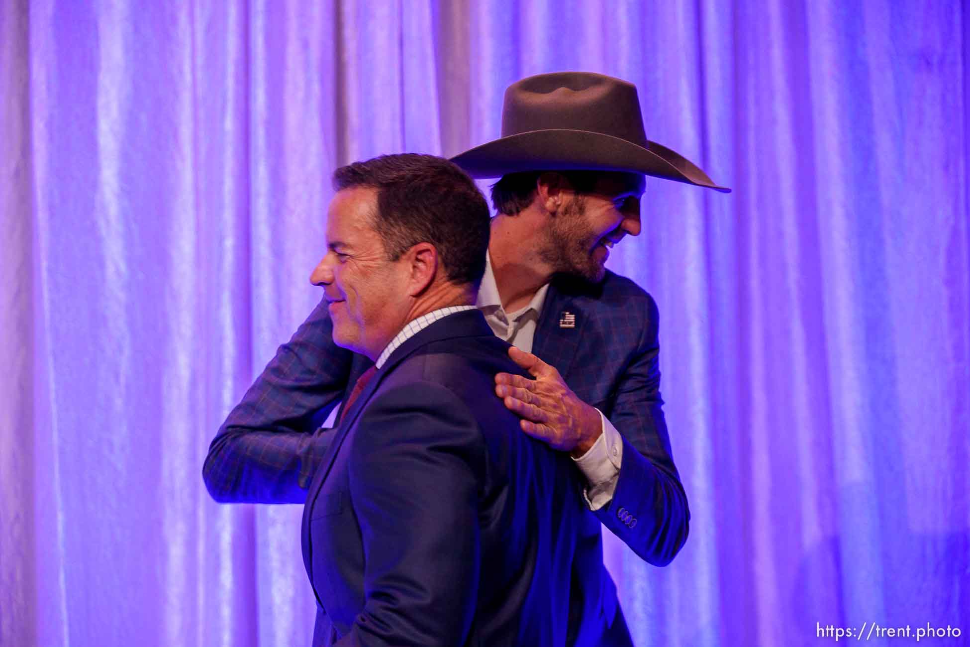 (Trent Nelson  |  The Salt Lake Tribune) Carson Jorgensen and House Speaker Brad Wilson, R-Kaysville, at the Utah Republican Party election night party at the Hyatt Regency in Salt Lake City on Tuesday, Nov. 8, 2022.