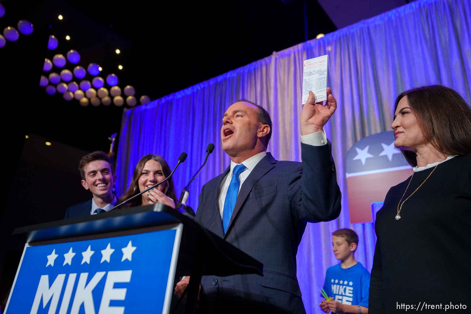 (Trent Nelson  |  The Salt Lake Tribune) Sen. Mike Lee makes his victory speech at the Utah Republican Party election night party at the Hyatt Regency in Salt Lake City on Tuesday, Nov. 8, 2022.