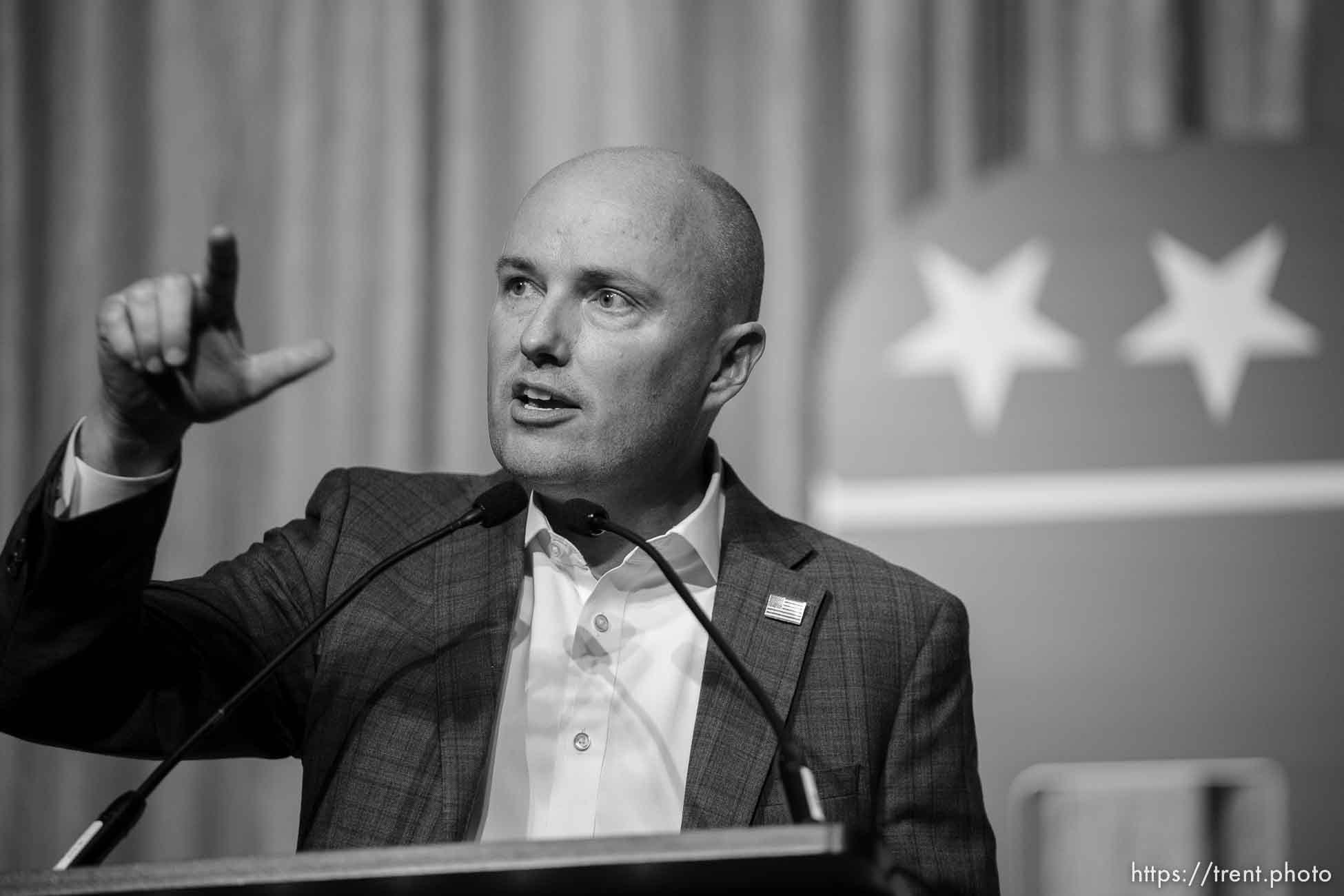 (Trent Nelson  |  The Salt Lake Tribune) Gov. Spencer Cox at the Utah Republican Party election night party at the Hyatt Regency in Salt Lake City on Tuesday, Nov. 8, 2022.