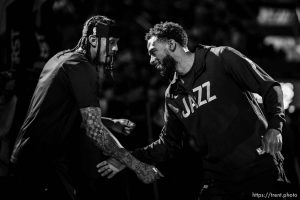 (Trent Nelson  |  The Salt Lake Tribune) Utah Jazz guard Jordan Clarkson (00) and Utah Jazz guard Mike Conley (11) as the Utah Jazz host the New York Knicks, NBA basketball in Salt Lake City on Tuesday, Nov. 15, 2022.