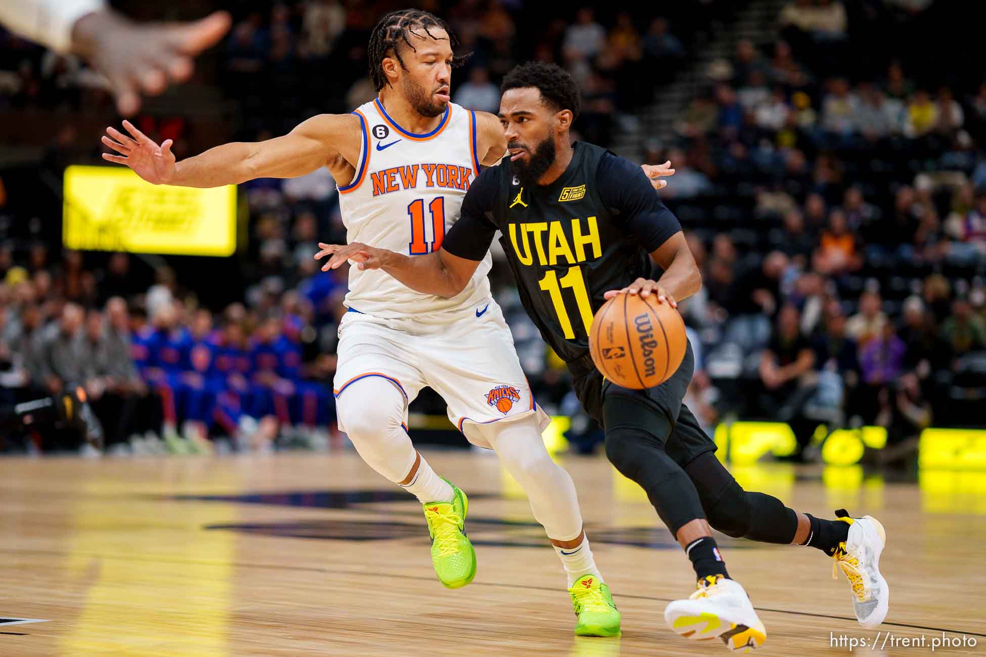 (Trent Nelson  |  The Salt Lake Tribune) Utah Jazz guard Mike Conley (11) as the Utah Jazz host the New York Knicks, NBA basketball in Salt Lake City on Tuesday, Nov. 15, 2022.