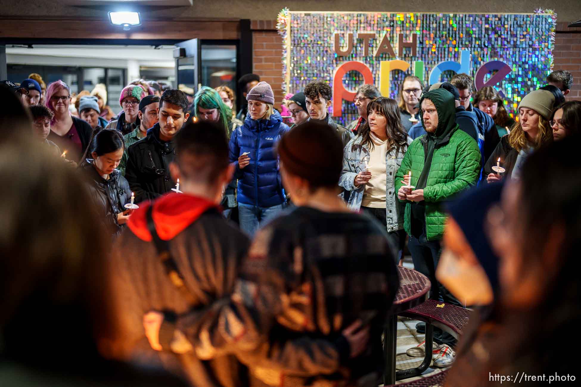 (Trent Nelson  |  The Salt Lake Tribune) People gather at the Utah Pride Center in Salt Lake City on Monday, Nov. 21, 2022 for a candlelight vigil for the victims of a shooting in Colorado Springs.