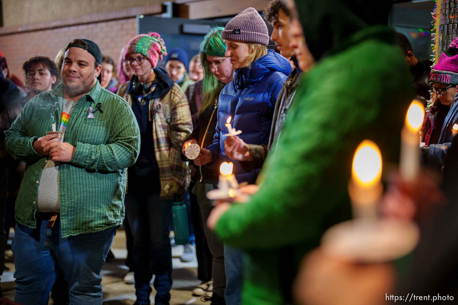 (Trent Nelson  |  The Salt Lake Tribune) People gather at the Utah Pride Center in Salt Lake City on Monday, Nov. 21, 2022 for a candlelight vigil for the victims of a shooting in Colorado Springs.