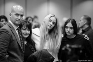 (Trent Nelson  |  The Salt Lake Tribune) Ryan Miller, Debra Clark Cooper, Brooke Jacobs and Ayden Miller, all family members of Valarie Clark Miller, embrace following a news conference in Salt Lake City on Tuesday, Dec. 6, 2022.