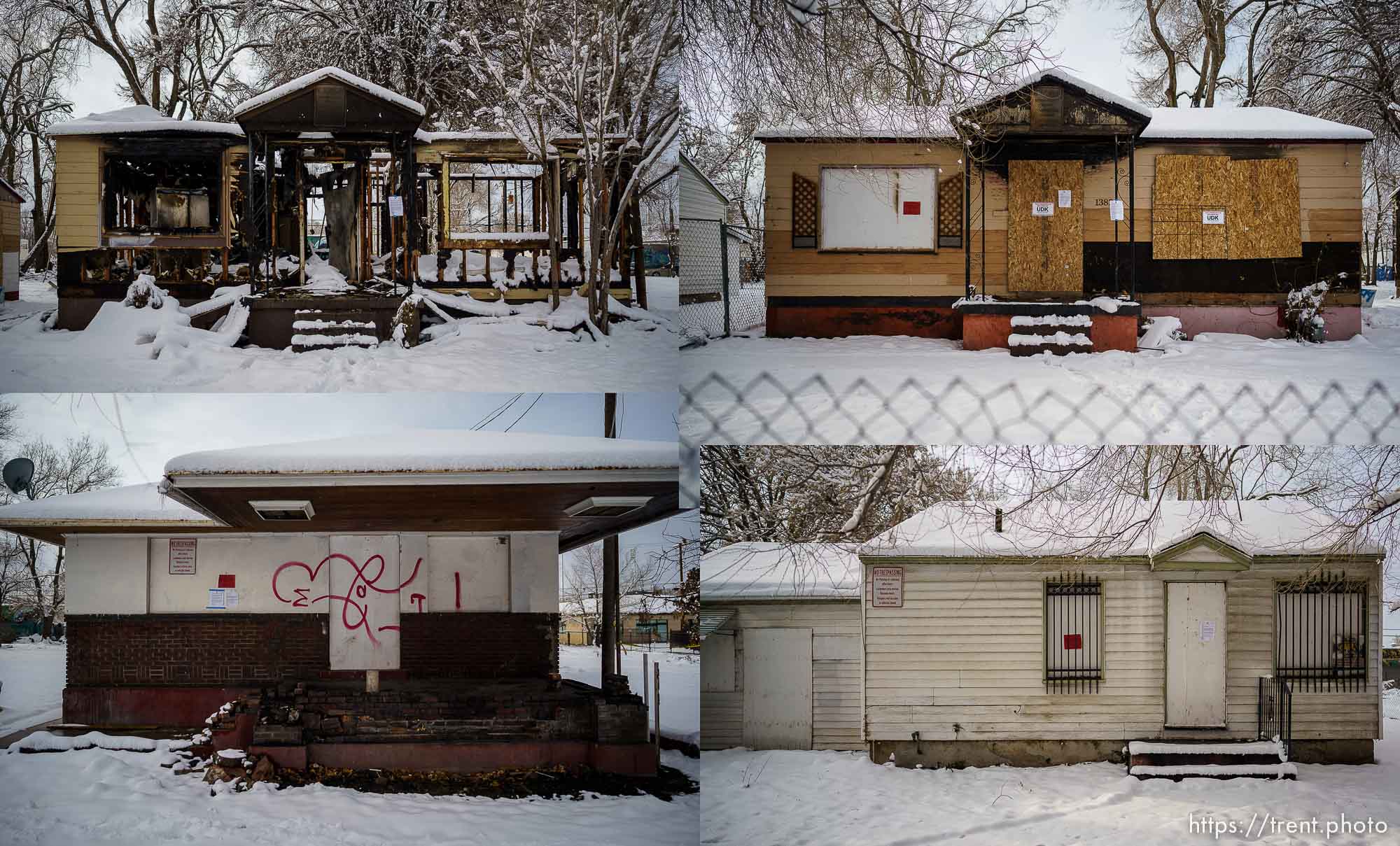 (Trent Nelson  |  The Salt Lake Tribune) Four homes in the Ballpark neighborhood were posted with an order for emergency demolition on Tuesday, Dec. 13, 2022.