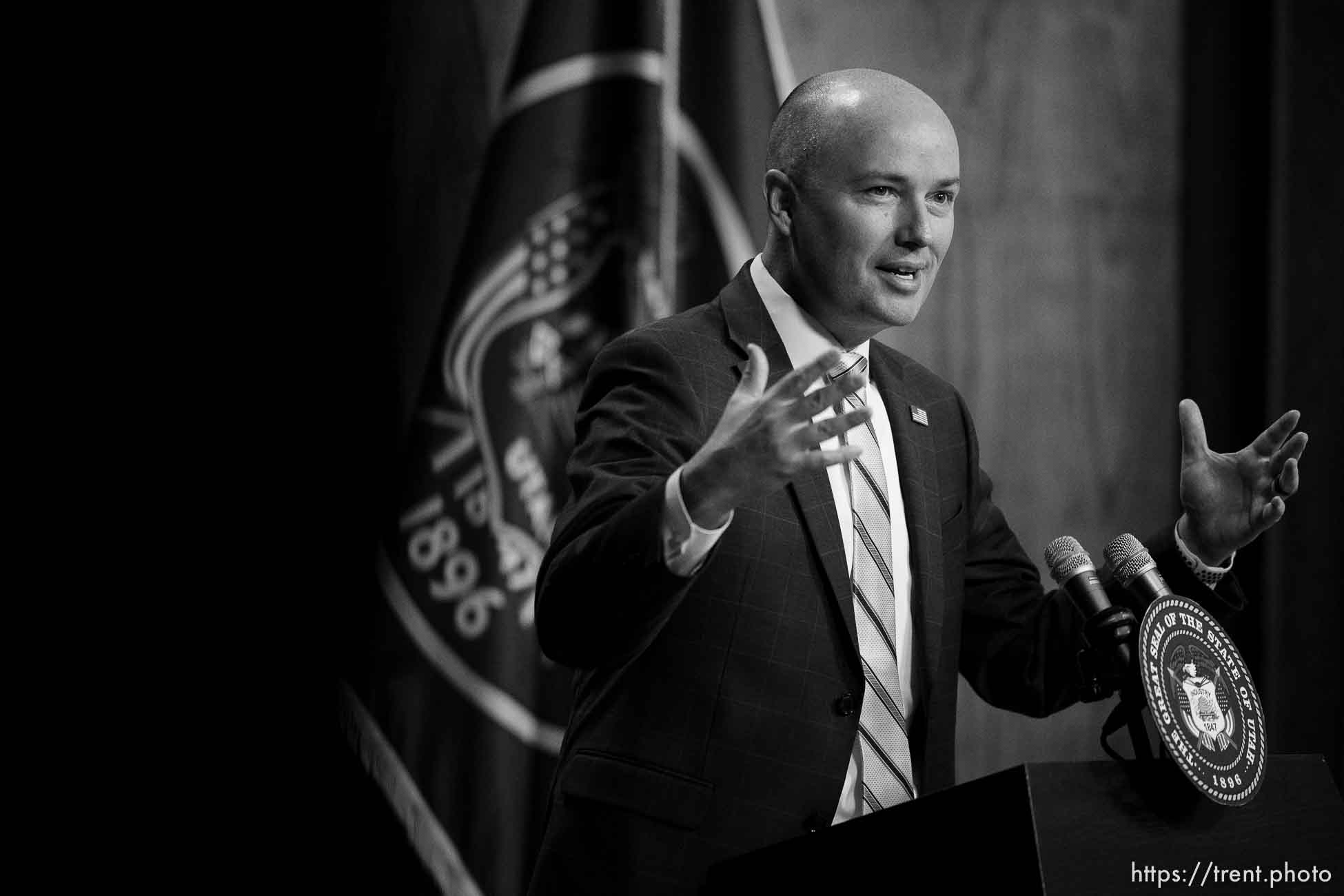 (Trent Nelson  |  The Salt Lake Tribune) Gov. Spencer Cox speaks at his monthly news conference in Salt Lake City on Thursday, Dec. 15, 2022.