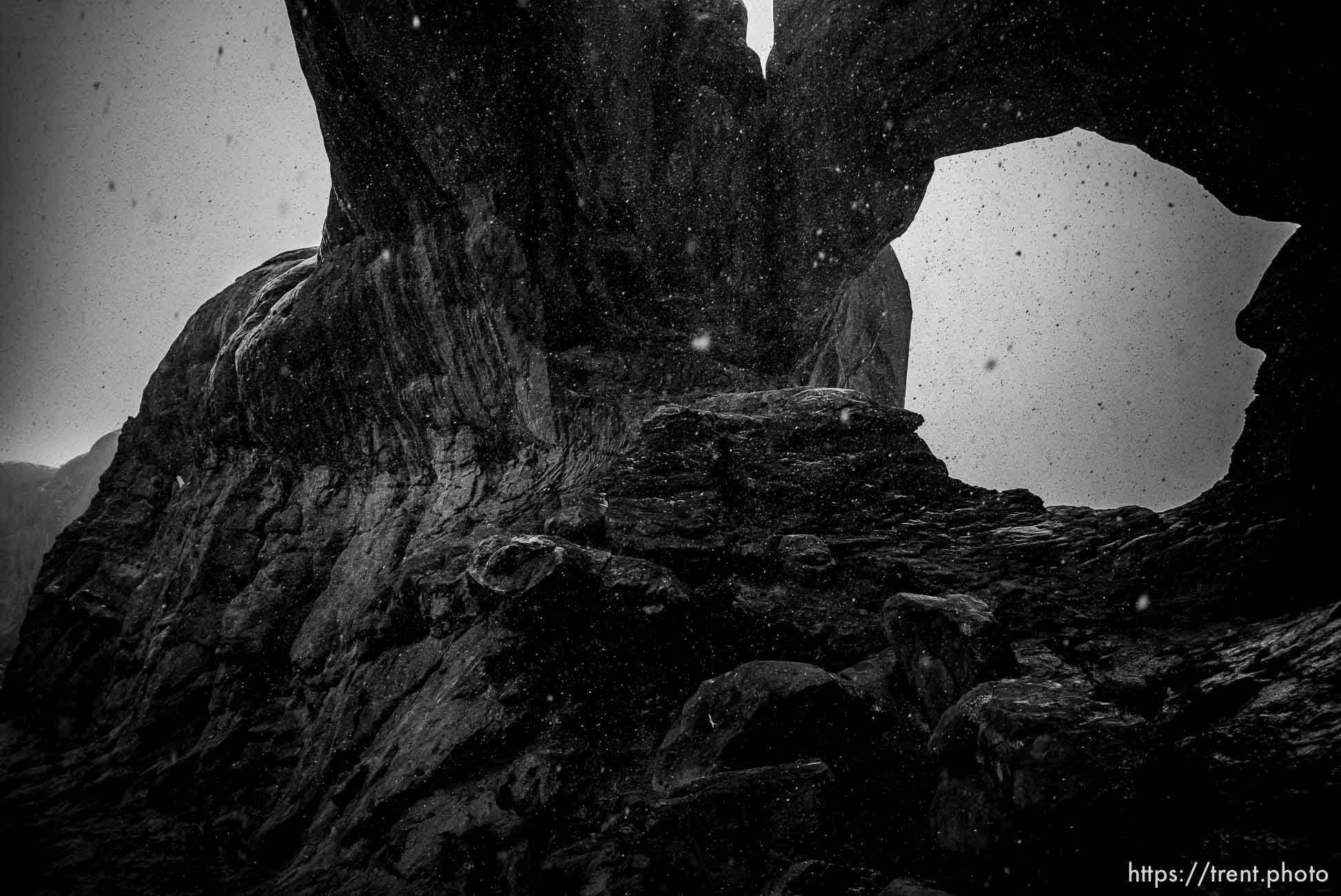 double arch in the snow, arches national park, on Monday, Jan. 2, 2023.