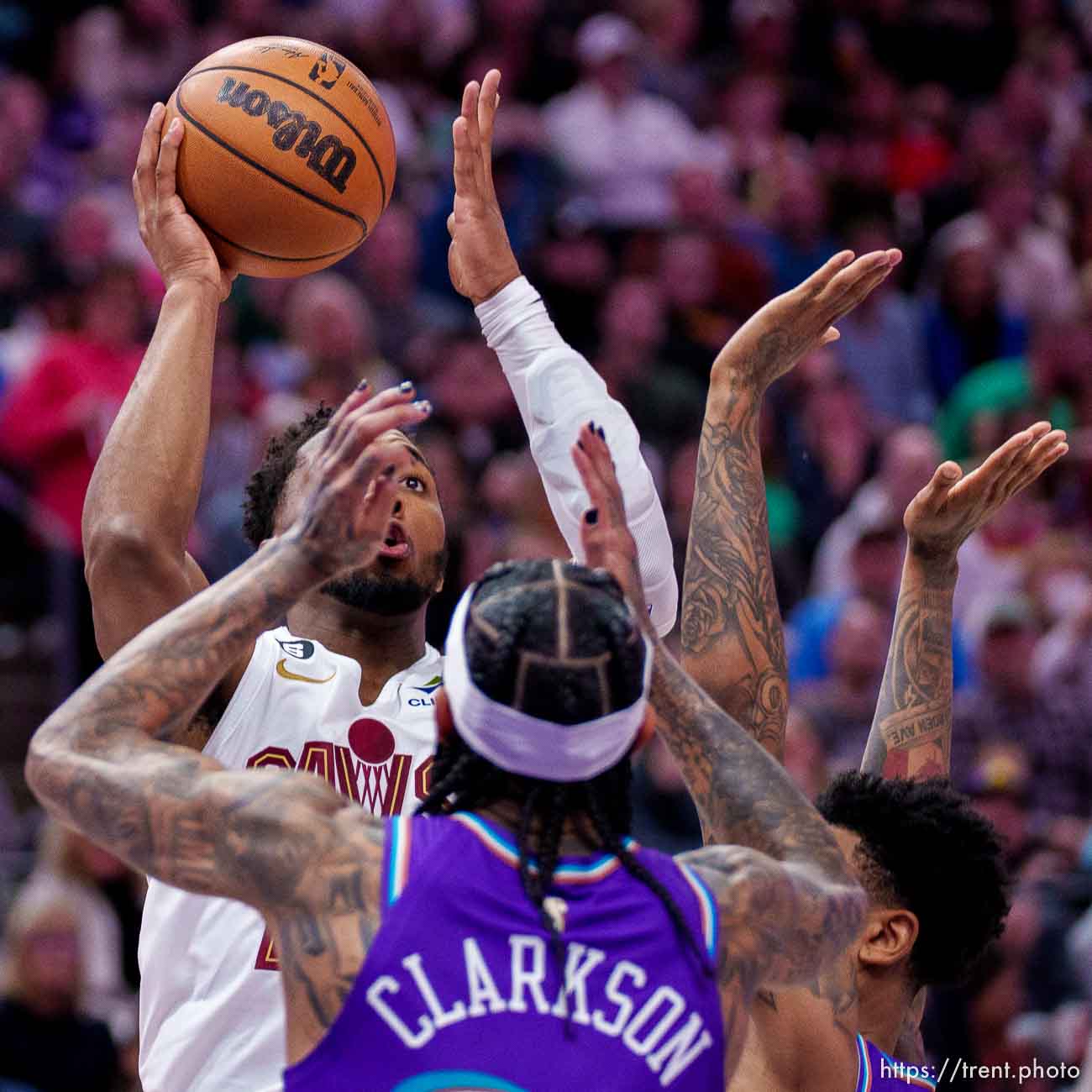 (Trent Nelson  |  The Salt Lake Tribune) Cleveland Cavaliers guard Donovan Mitchell (45) as the Utah Jazz host the Cleveland Cavaliers, NBA basketball in Salt Lake City on Tuesday, Jan. 10, 2023.