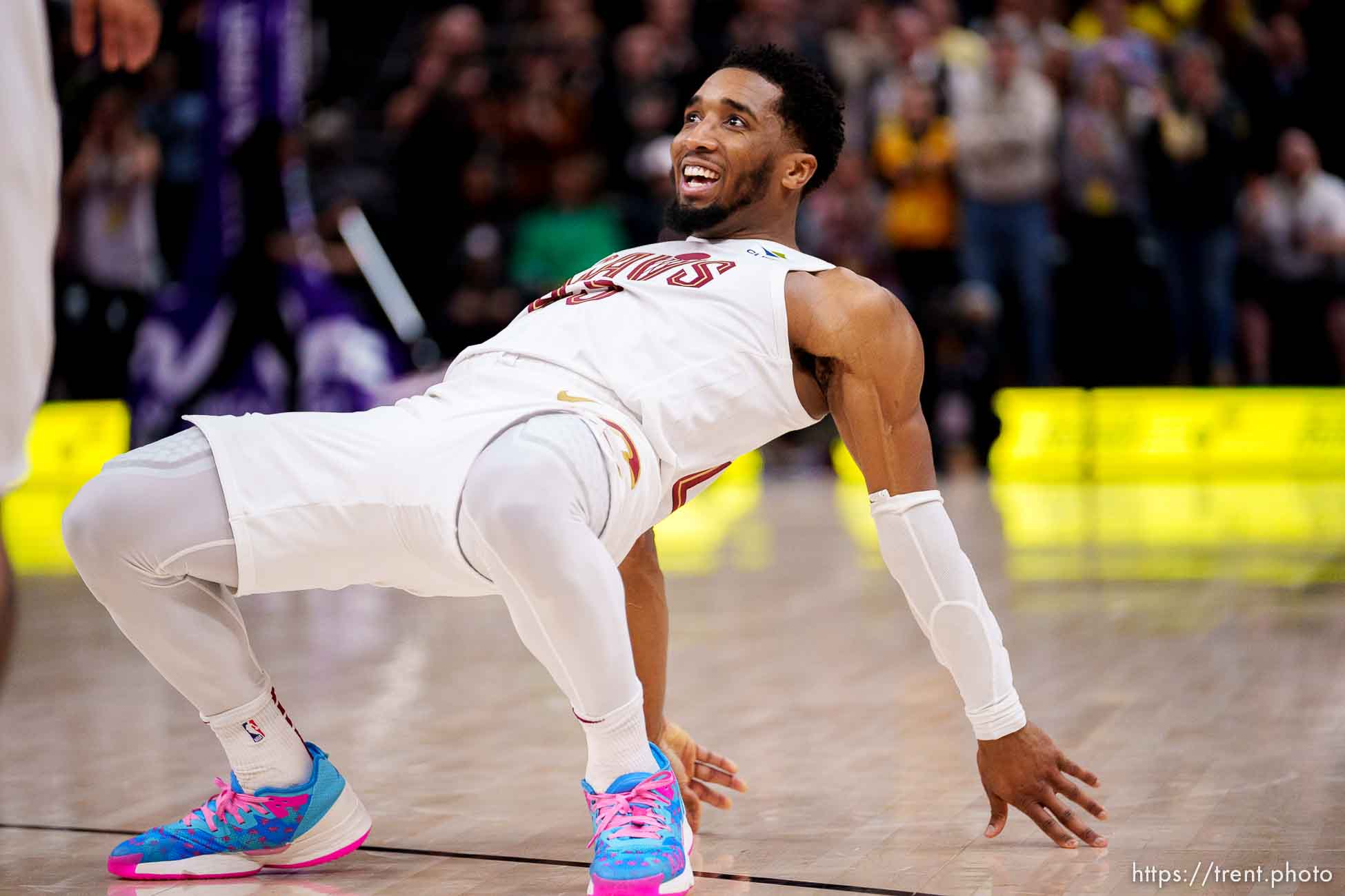 (Trent Nelson  |  The Salt Lake Tribune) Cleveland Cavaliers guard Donovan Mitchell (45) springs up from the court as the Utah Jazz host the Cleveland Cavaliers, NBA basketball in Salt Lake City on Tuesday, Jan. 10, 2023.