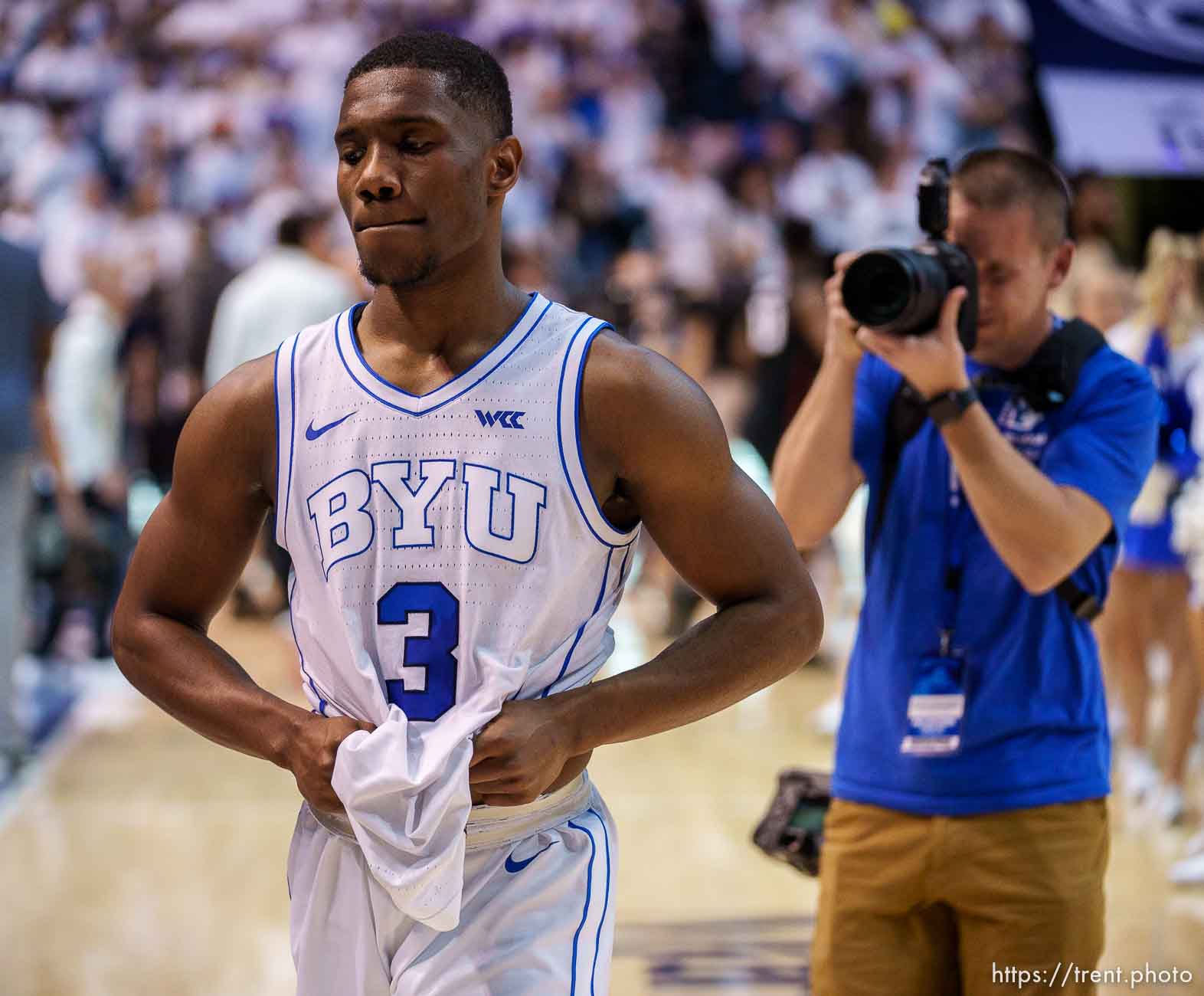 (Trent Nelson  |  The Salt Lake Tribune) Brigham Young Cougars guard Rudi Williams (3) reacts to the loss to Gonzaga, NCAA basketball in Provo on Thursday, Jan. 12, 2023.