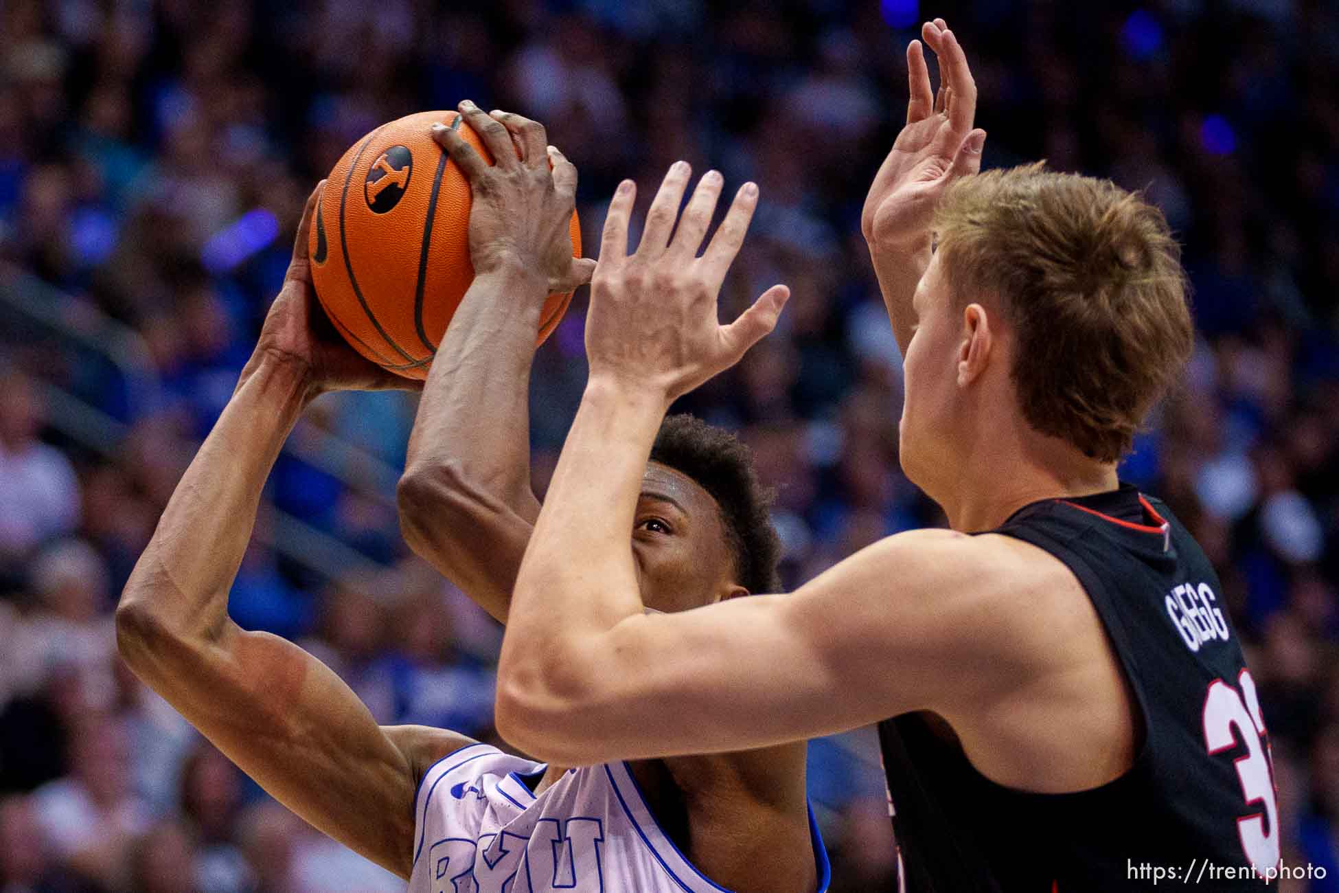 (Trent Nelson  |  The Salt Lake Tribune) Brigham Young Cougars guard Jaxson Robinson (2) as BYU hosts Gonzaga, NCAA basketball in Provo on Thursday, Jan. 12, 2023.