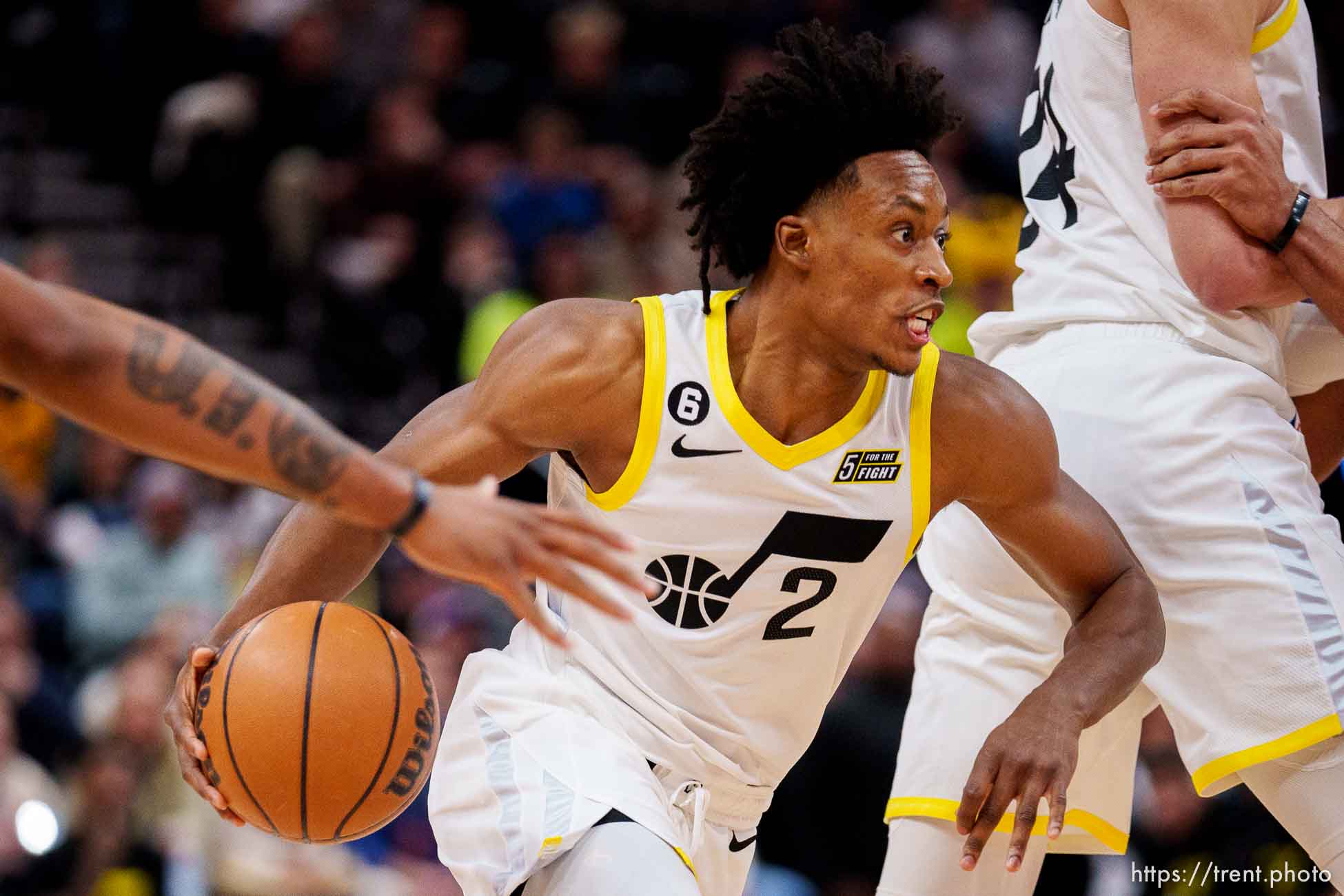 (Trent Nelson  |  The Salt Lake Tribune) Utah Jazz guard Collin Sexton (2) as the Utah Jazz host the Los Angeles Clippers, NBA basketball in Salt Lake City on Wednesday, Jan. 18, 2023.