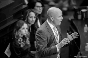 (Trent Nelson  |  The Salt Lake Tribune) Gov. Spencer Cox delivers his State of the State address at the Capitol building in Salt Lake City on Thursday, Jan. 19, 2023. At rear are EmmaKate and Abby Cox, and Lt. Gov. Deidre Henderson.