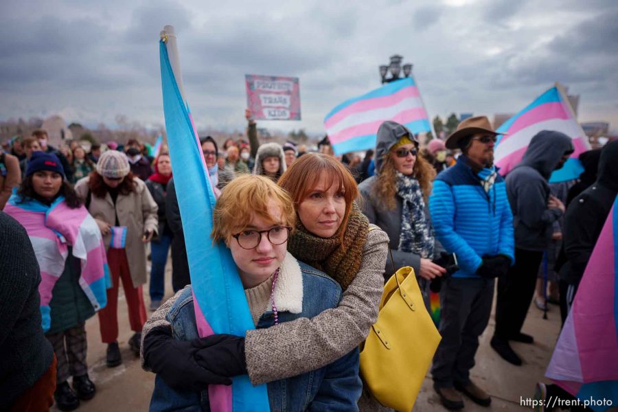 (Trent Nelson  |  The Salt Lake Tribune) Oliver and Becca Day at a rally in support of transgender youth at the Capitol building in Salt Lake City on Tuesday, Jan. 24, 2023.