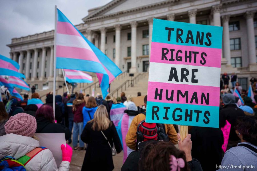(Trent Nelson  |  The Salt Lake Tribune) People gather at a rally in support of transgender youth at the Capitol building in Salt Lake City on Tuesday, Jan. 24, 2023.