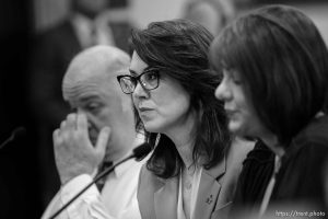 (Trent Nelson  |  The Salt Lake Tribune) Lt. Gov. Deidre Henderson appears before the Senate Judiciary, Law Enforcement, and Criminal Justice Committee in Salt Lake City on Tuesday, Jan. 24, 2023. Henderson spoke in support of a Senate bill beefing up how the state combats domestic violence. With Henderson are Kent and Shauna Mayne, whose daughter Amanda was murdered in 2022.