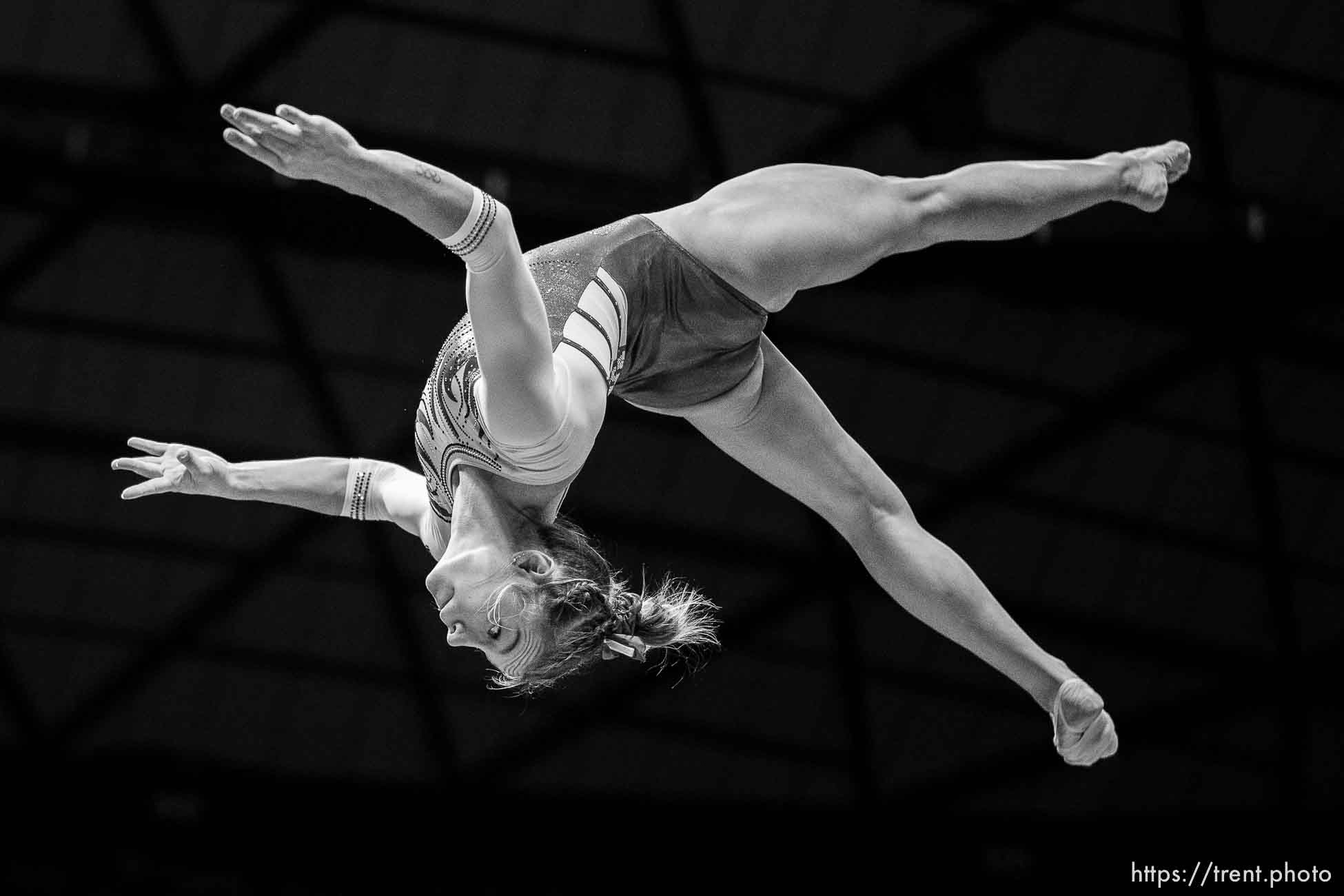 (Trent Nelson  |  The Salt Lake Tribune) Grace McCallum on the beam as Utah hosts Washington, NCAA gymnastics in Salt Lake City on Saturday, Jan. 28, 2023.