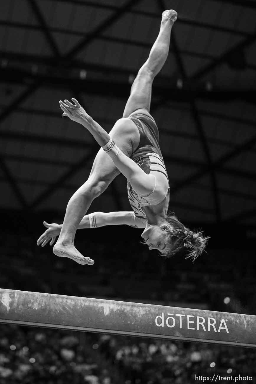 (Trent Nelson  |  The Salt Lake Tribune) Grace McCallum on the beam as Utah hosts Washington, NCAA gymnastics in Salt Lake City on Saturday, Jan. 28, 2023.