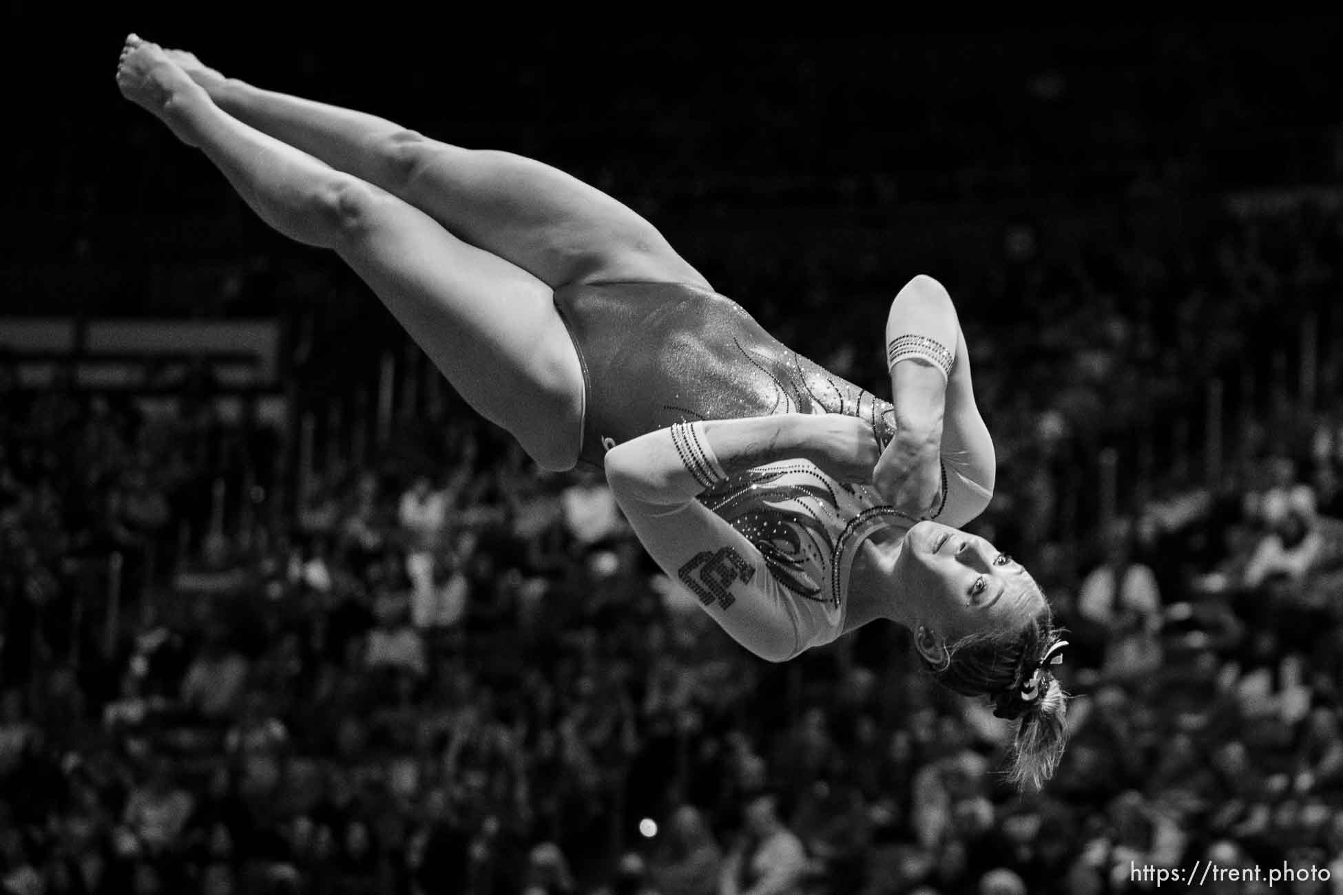 (Trent Nelson  |  The Salt Lake Tribune) Makenna Smith competes on the floor as Utah hosts Washington, NCAA gymnastics in Salt Lake City on Saturday, Jan. 28, 2023.