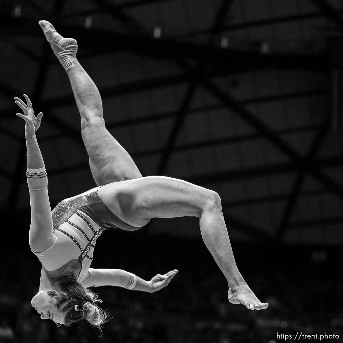 (Trent Nelson  |  The Salt Lake Tribune) Jaylene Gilstrap on beam (exhibition) as Utah hosts Washington, NCAA gymnastics in Salt Lake City on Saturday, Jan. 28, 2023.