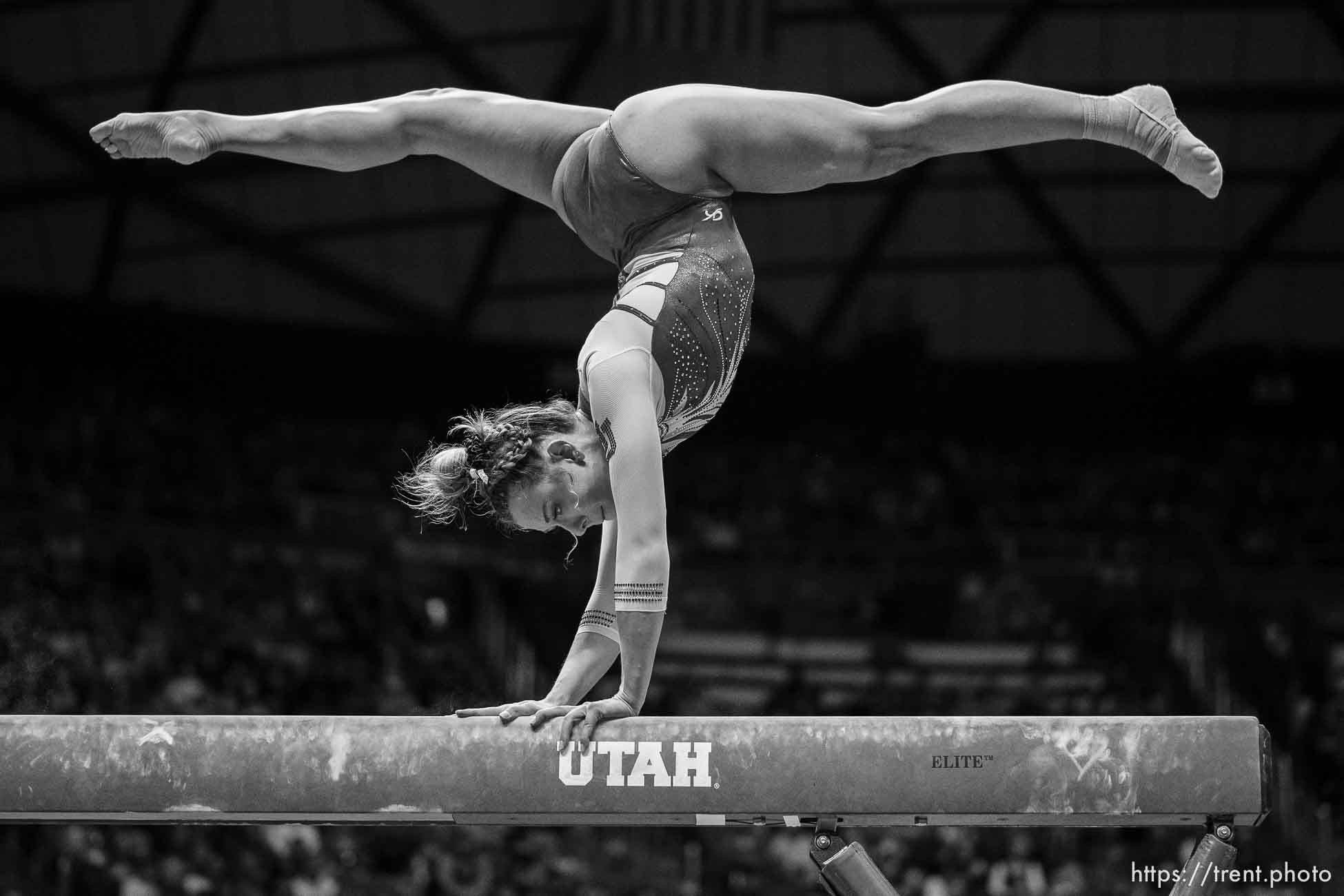 (Trent Nelson  |  The Salt Lake Tribune) Jaylene Gilstrap on beam (exhibition) as Utah hosts Washington, NCAA gymnastics in Salt Lake City on Saturday, Jan. 28, 2023.