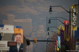 (Trent Nelson  |  The Salt Lake Tribune) Hazy air over Salt Lake City on Thursday, Feb. 2, 2023.