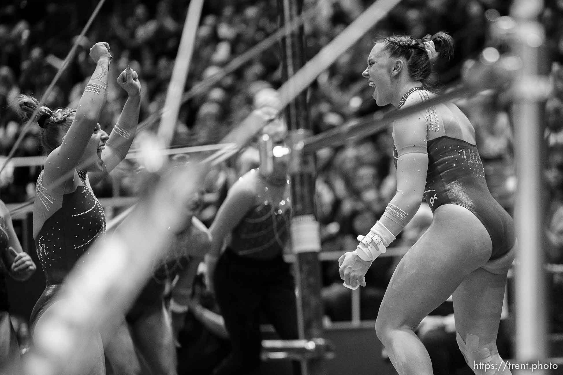 (Trent Nelson  |  The Salt Lake Tribune) Maile O'Keefe celebrates a 9.95 on the bars as Utah hosts UCLA, NCAA gymnastics in Salt Lake City on Friday, Feb. 3, 2023.