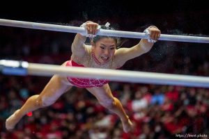 (Trent Nelson  |  The Salt Lake Tribune) Cristal Isa scores a 9.95 on the bars as Utah hosts UCLA, NCAA gymnastics in Salt Lake City on Friday, Feb. 3, 2023.