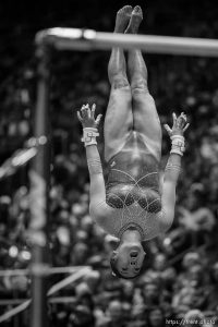 (Trent Nelson  |  The Salt Lake Tribune) Cristal Isa scores a 9.95 on the bars as Utah hosts UCLA, NCAA gymnastics in Salt Lake City on Friday, Feb. 3, 2023.