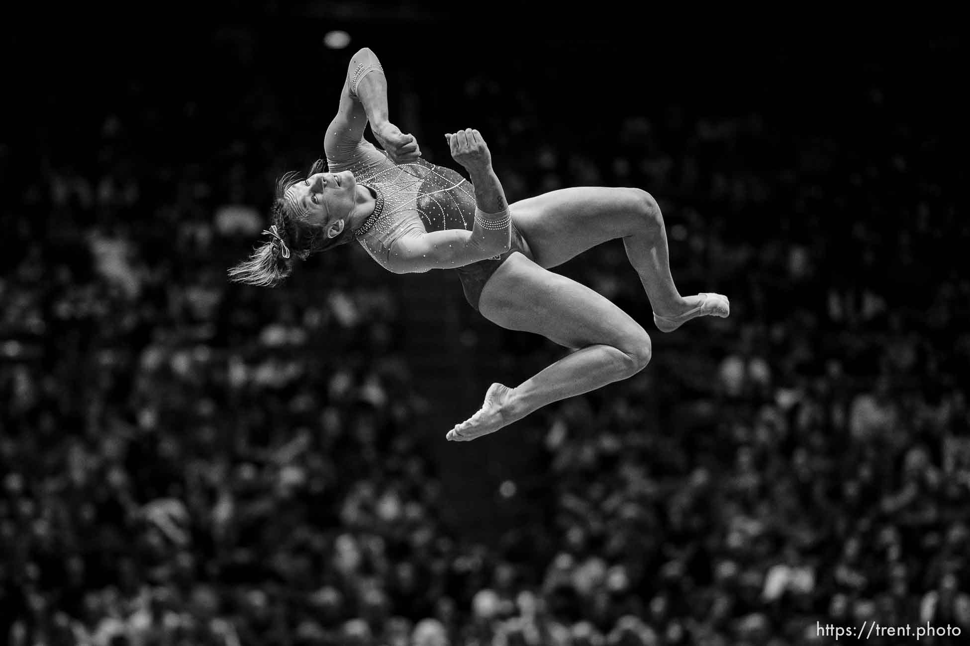 (Trent Nelson  |  The Salt Lake Tribune) Grace McCallum scores a 9.975 on the beam as Utah hosts UCLA, NCAA gymnastics in Salt Lake City on Friday, Feb. 3, 2023.