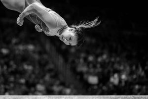 (Trent Nelson  |  The Salt Lake Tribune) Kara Eaker on the beam as Utah hosts UCLA, NCAA gymnastics in Salt Lake City on Friday, Feb. 3, 2023.