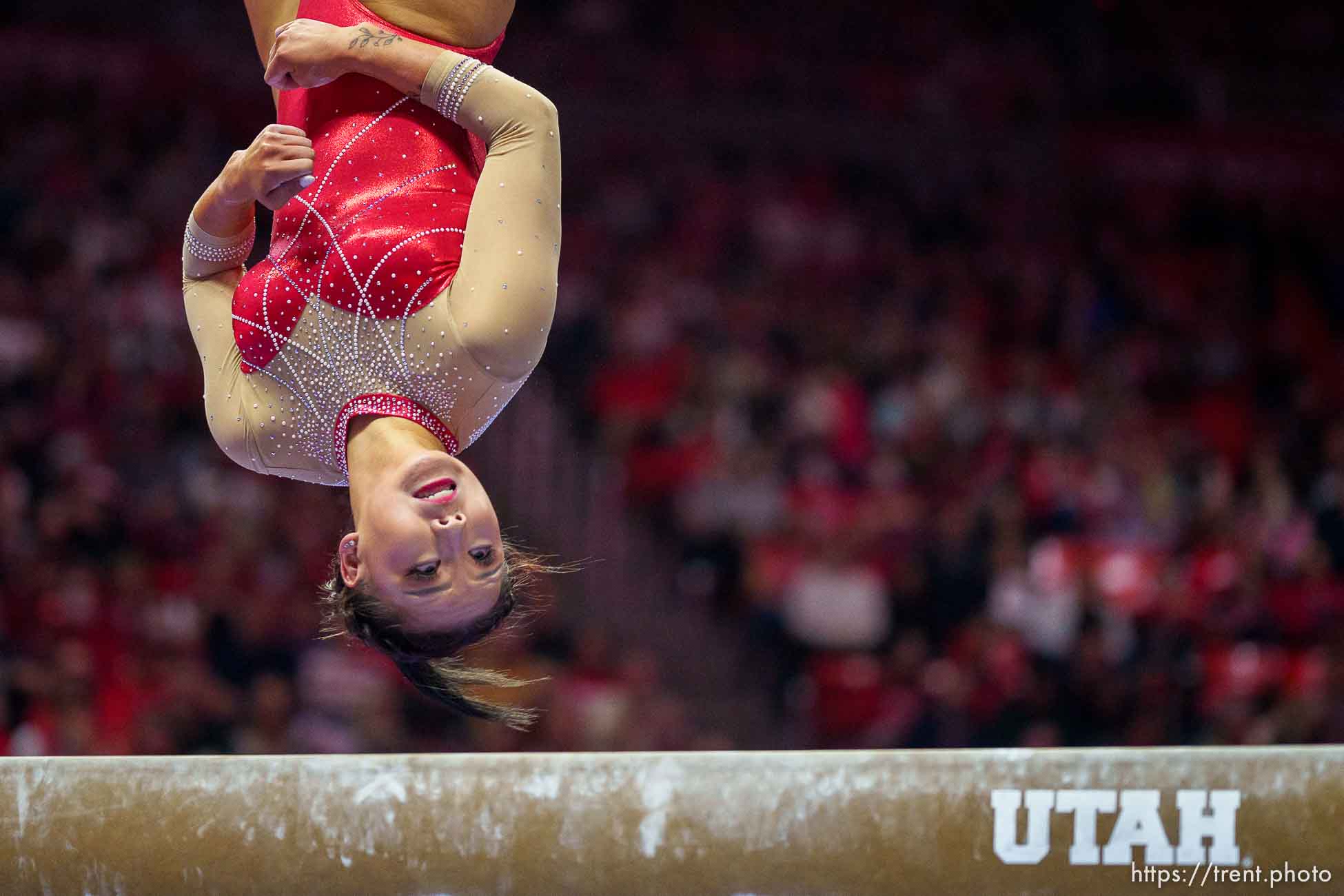 (Trent Nelson  |  The Salt Lake Tribune) Kara Eaker on the beam as Utah hosts UCLA, NCAA gymnastics in Salt Lake City on Friday, Feb. 3, 2023.