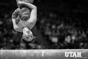 (Trent Nelson  |  The Salt Lake Tribune) Kara Eaker on the beam as Utah hosts UCLA, NCAA gymnastics in Salt Lake City on Friday, Feb. 3, 2023.