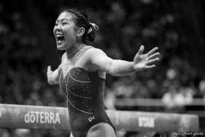 o(Trent Nelson  |  The Salt Lake Tribune) Cristal Isa scores a 9.95 on the beam as Utah hosts UCLA, NCAA gymnastics in Salt Lake City on Friday, Feb. 3, 2023.