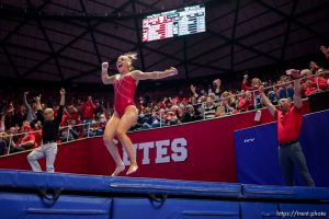 (Trent Nelson  |  The Salt Lake Tribune) Jillian Hoffman celebrates a 9.975 score on the vault as Utah hosts UCLA, NCAA gymnastics in Salt Lake City on Friday, Feb. 3, 2023.