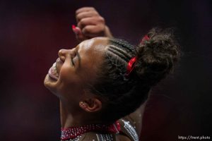 (Trent Nelson  |  The Salt Lake Tribune) Jaedyn Rucker on the floor as Utah hosts UCLA, NCAA gymnastics in Salt Lake City on Friday, Feb. 3, 2023.