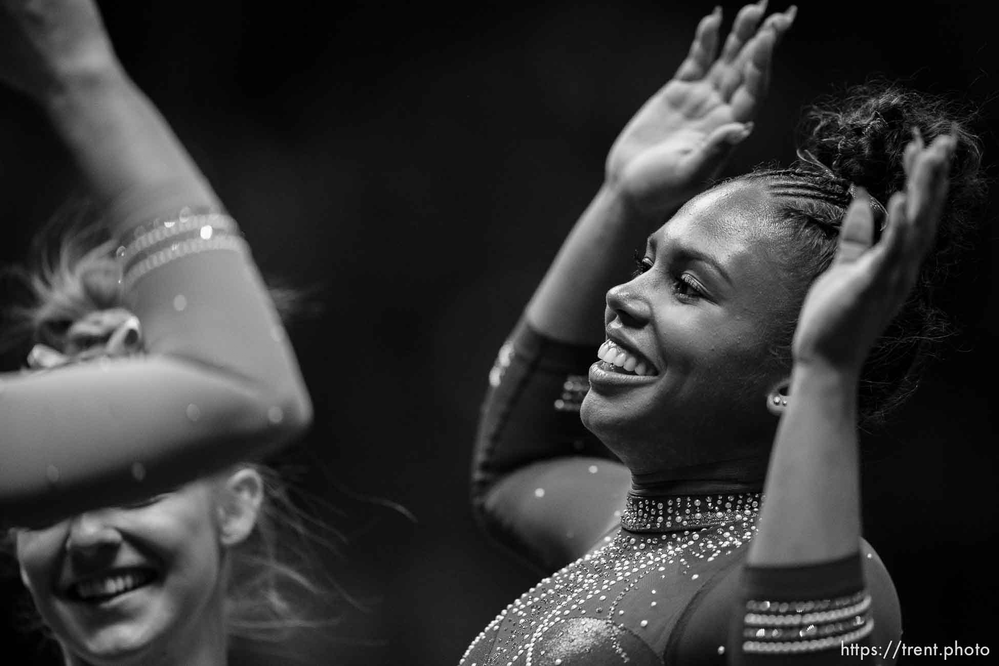 (Trent Nelson  |  The Salt Lake Tribune) Jaedyn Rucker on the floor as Utah hosts UCLA, NCAA gymnastics in Salt Lake City on Friday, Feb. 3, 2023.