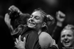 (Trent Nelson  |  The Salt Lake Tribune) Grace McCallum celebrates a 9.925 on the floor as Utah hosts UCLA, NCAA gymnastics in Salt Lake City on Friday, Feb. 3, 2023.