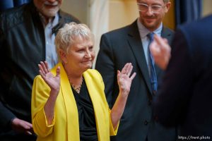 (Trent Nelson  |  The Salt Lake Tribune) Former Sen. Karen Mayne is honored in the Senate Chamber in Salt Lake City on Friday, Feb. 3, 2023.