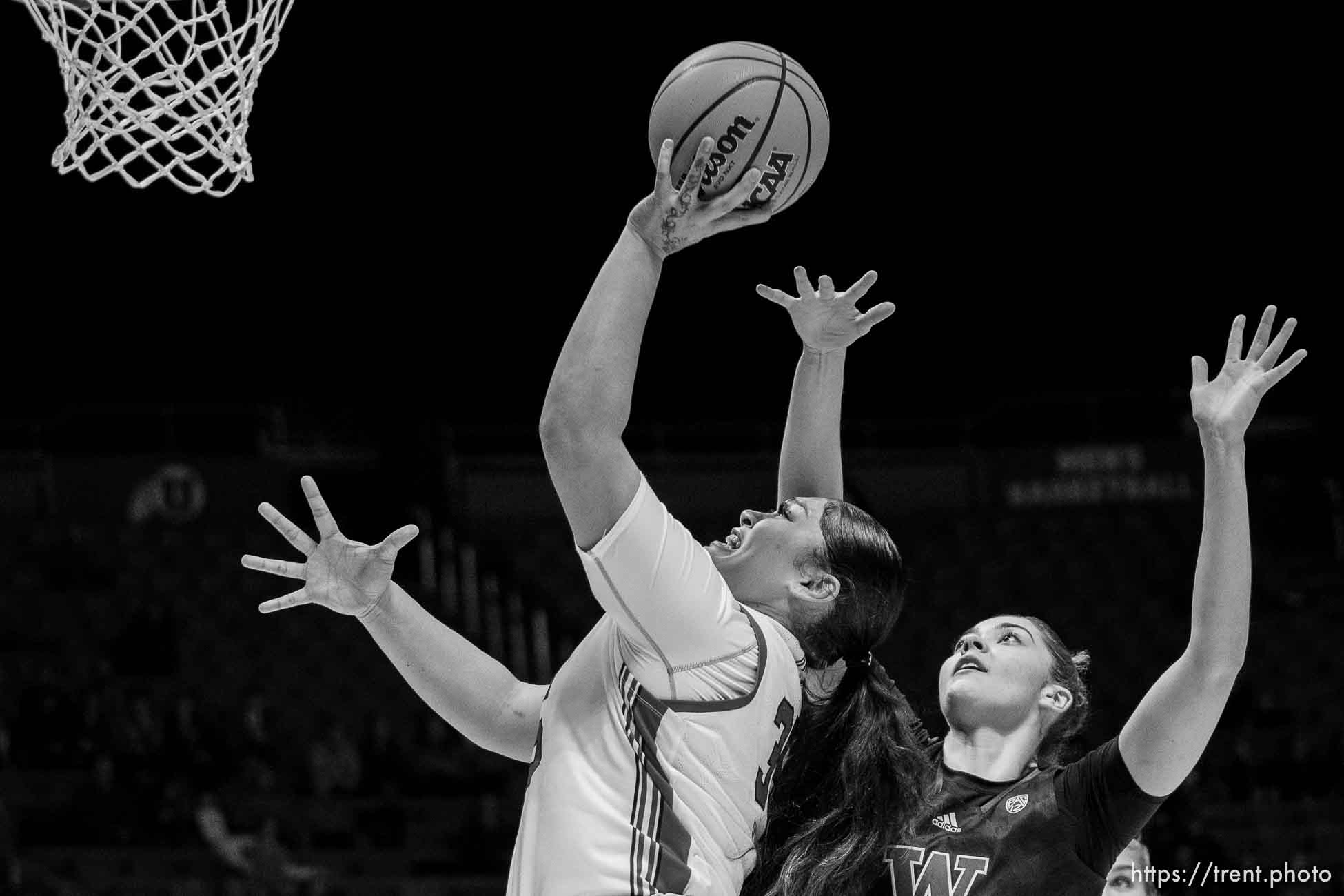 (Trent Nelson  |  The Salt Lake Tribune) Utah Utes forward Alissa Pili (35) scores as Utah hosts Washington, NCAA basketball in Salt Lake City on Friday, Feb. 10, 2023.