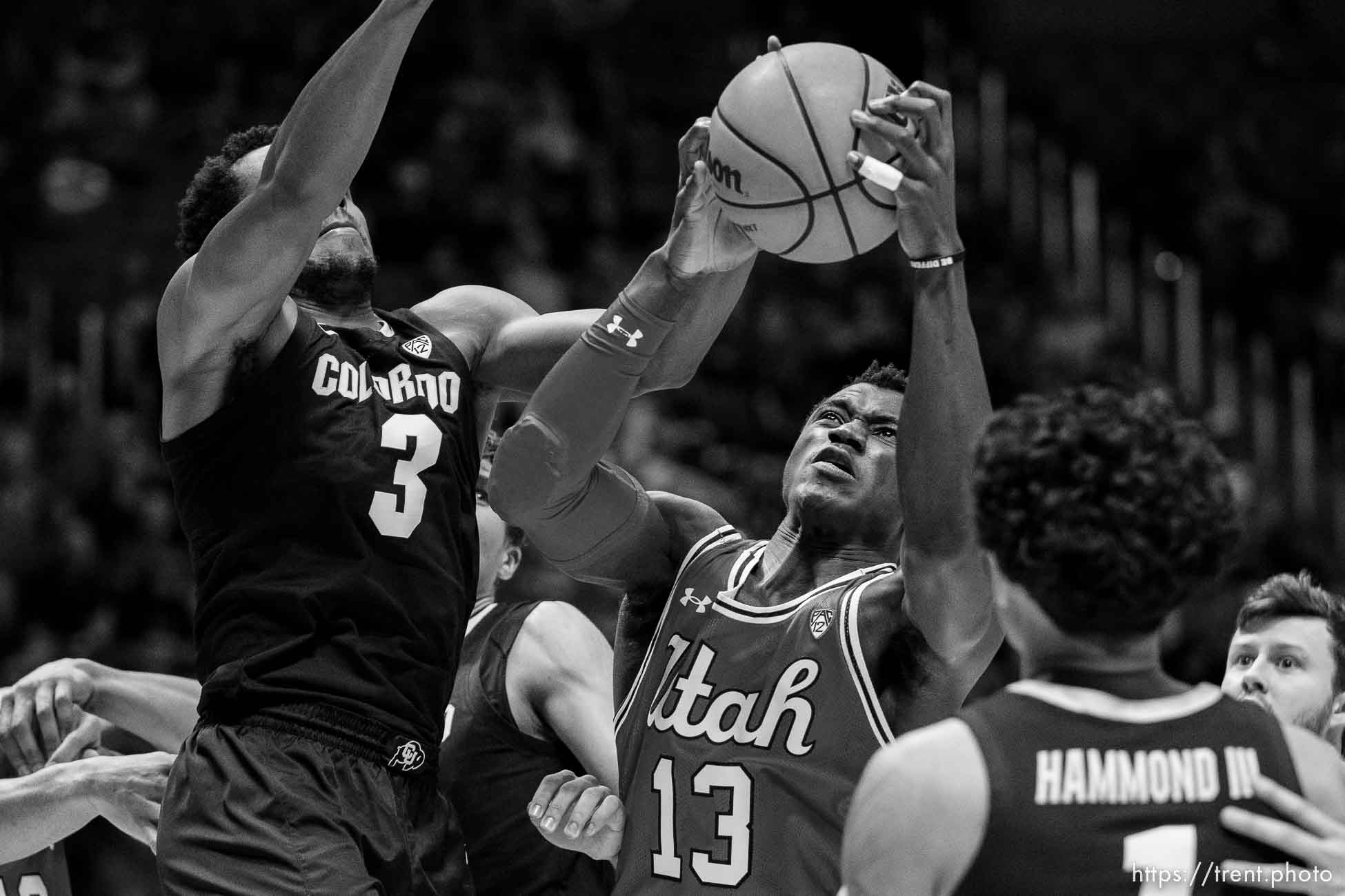 (Trent Nelson  |  The Salt Lake Tribune) Utah Utes center Keba Keita (13) as Utah hosts Colorado, NCAA basketball in Salt Lake City on Saturday, Feb. 11, 2023.