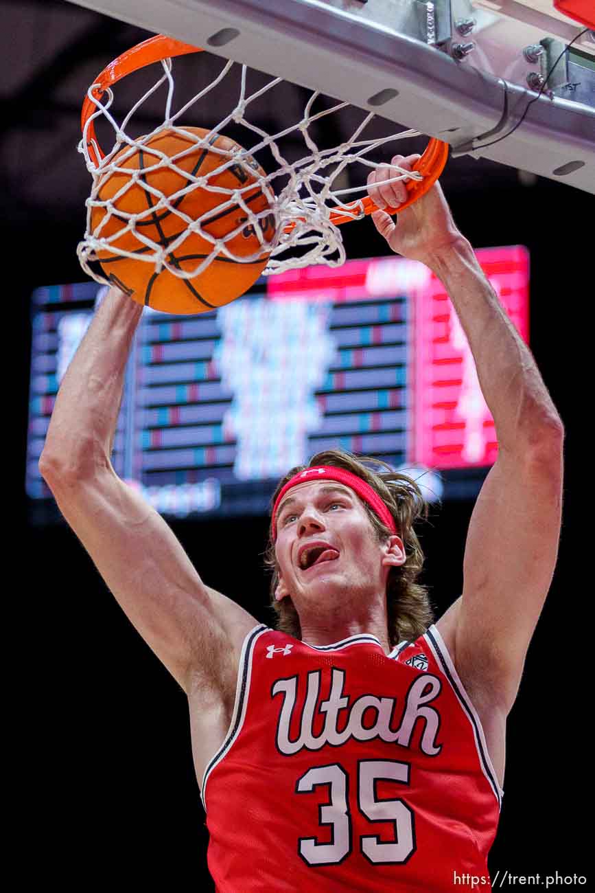 (Trent Nelson  |  The Salt Lake Tribune) Utah Utes center Branden Carlson (35) as Utah hosts Colorado, NCAA basketball in Salt Lake City on Saturday, Feb. 11, 2023.