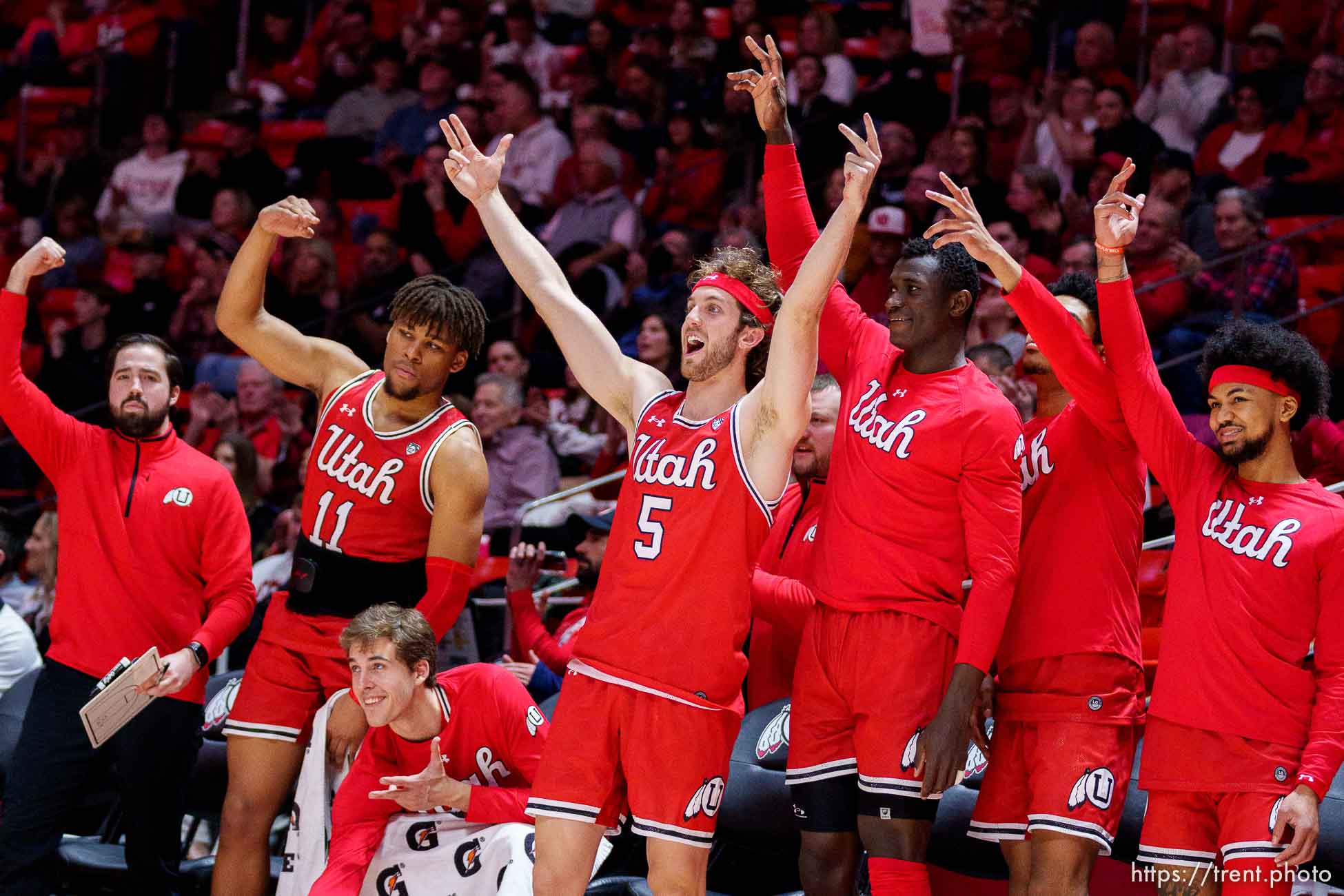 (Trent Nelson  |  The Salt Lake Tribune) The bench celebrates a score as Utah hosts Colorado, NCAA basketball in Salt Lake City on Saturday, Feb. 11, 2023.